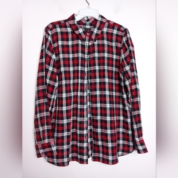 Talbots Black, White & Red Plaid Metallic Cotton Button Down Blouse size Large - Picture 9 of 10
